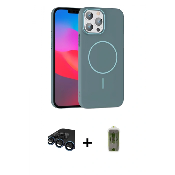MARSİLYAN™- iPhone 15 Pro Max Kılıf Siluet Doku Özel Seri - Siyah Joko Magic 5D Hayalet Cam + Lacivert Raze Metal Kamera Lens