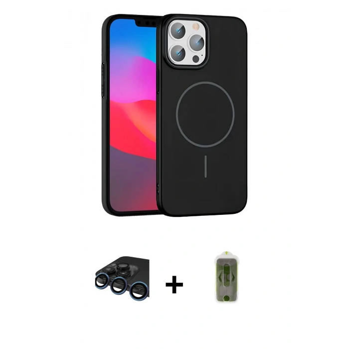 MARSİLYAN™- iPhone 15 Pro Max Kılıf Siluet Doku Özel Seri - Siyah Joko Magic 5D Hayalet Cam + Lacivert Raze Metal Kamera Lens