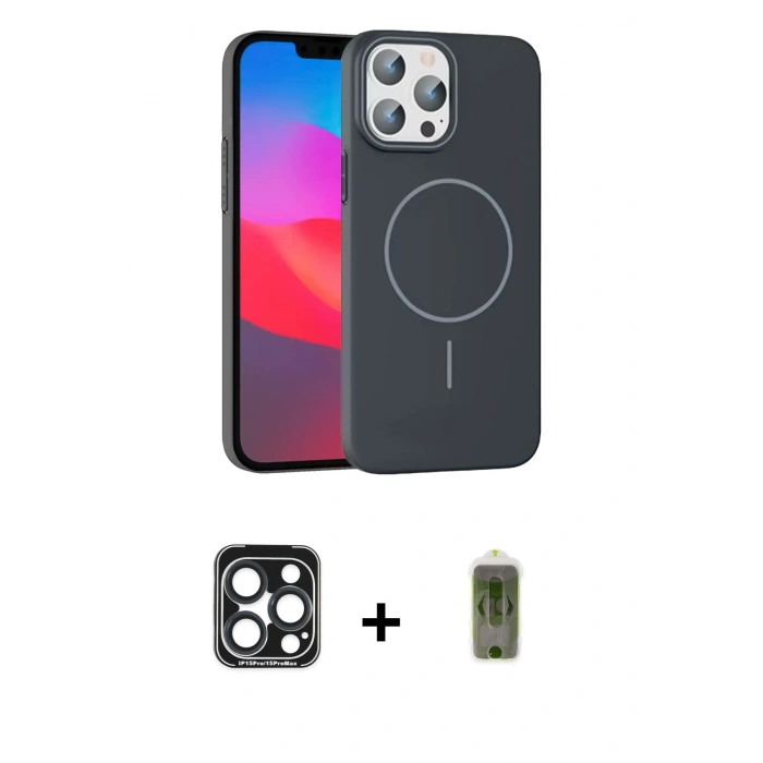 MARSİLYAN™- iPhone 15 Pro Max Kılıf Siluet Doku Özel Seri - Siyah Joko Magic 5D Hayalet Cam + PVD Metal Kamera Lens - LT