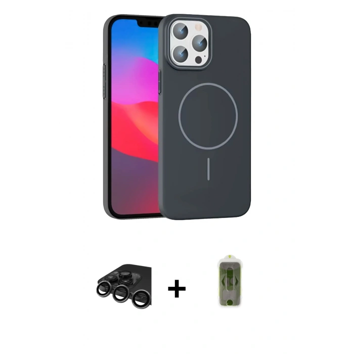 MARSİLYAN™- iPhone 15 Pro Max Kılıf Siluet Doku Özel Seri - Siyah Joko Magic 5D Hayalet Cam + Raze Metal Kamera Lens - TMGI