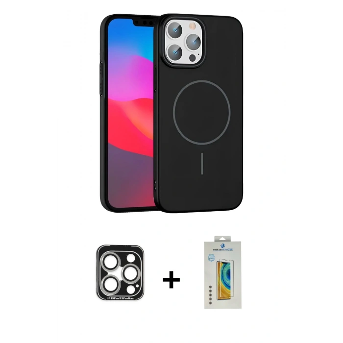 MARSİLYAN™- iPhone 15 Pro Max Kılıf Siluet Doku Özel Seri - Siyah Polymer Nano Ekran Koruyucu + PVD Metal Kamera Lens - GS
