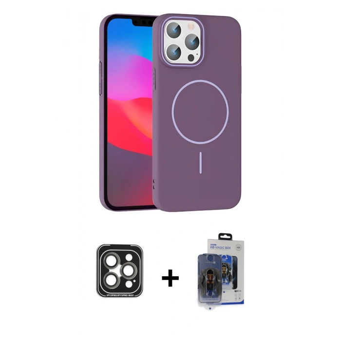MARSİLYAN™- iPhone 15 Pro Max Kılıf Siluet Doku Özel Seri - Siyah Vanessa Magic Cam + Gri PVD Metal Kamera Lens