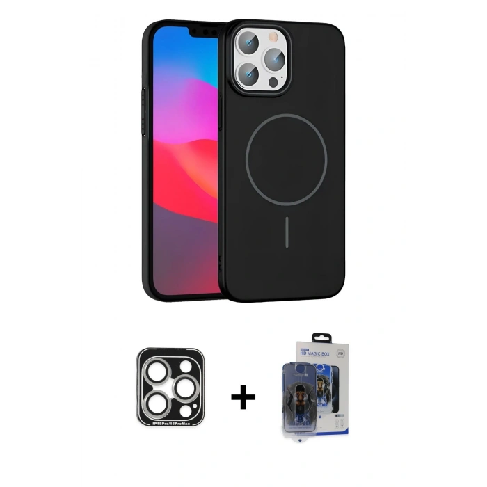 MARSİLYAN™- iPhone 15 Pro Max Kılıf Siluet Doku Özel Seri - Siyah Vanessa Magic Cam + PVD Metal Kamera Lens - GS