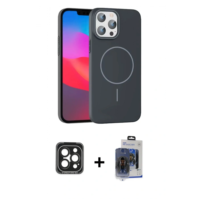 MARSİLYAN™- iPhone 15 Pro Max Kılıf Siluet Doku Özel Seri - Siyah Vanessa Magic Cam + PVD Metal Kamera Lens - SH