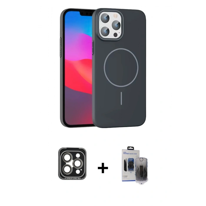 MARSİLYAN™- iPhone 15 Pro Max Kılıf Siluet Doku Özel Seri - Siyah Vanessa Magic Hayalet Cam + Gri PVD Metal Kamera Lens