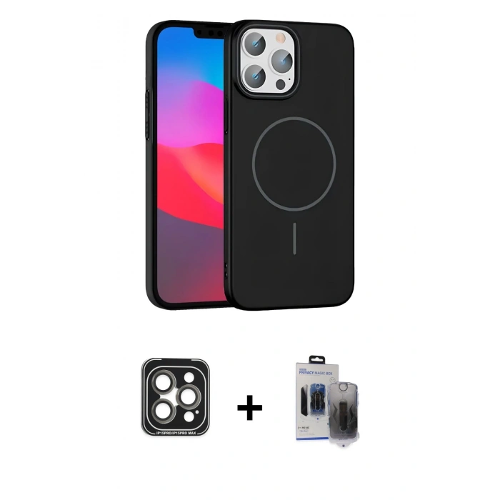MARSİLYAN™- iPhone 15 Pro Max Kılıf Siluet Doku Özel Seri - Siyah Vanessa Magic Hayalet Cam + Gri PVD Metal Kamera Lens