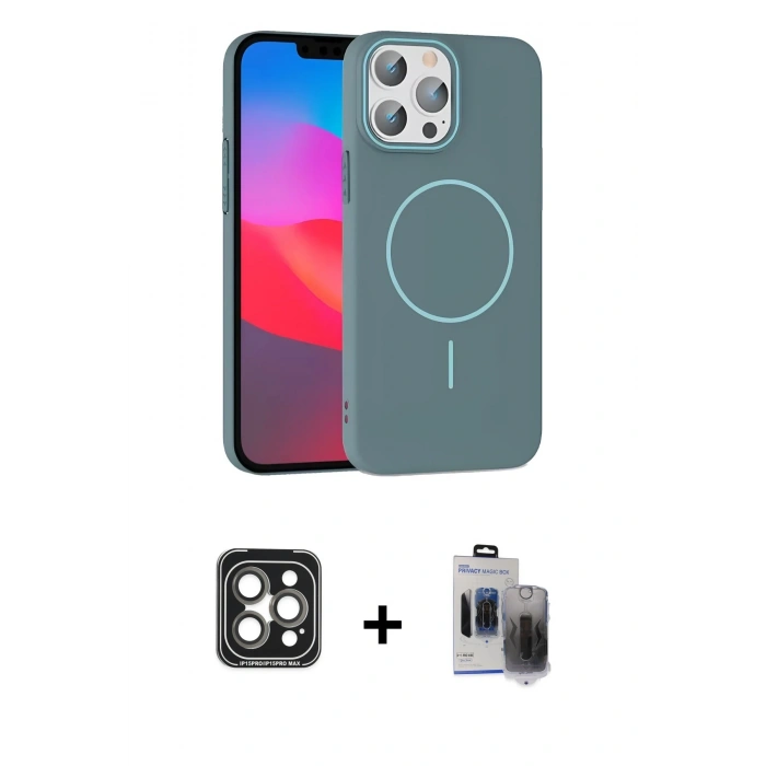 MARSİLYAN™- iPhone 15 Pro Max Kılıf Siluet Doku Özel Seri - Siyah Vanessa Magic Hayalet Cam + Gri PVD Metal Kamera Lens