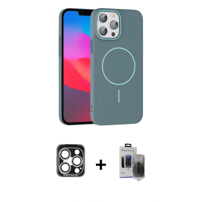 MARSİLYAN™- iPhone 15 Pro Max Kılıf Siluet Doku Özel Seri - Siyah Vanessa Magic Hayalet Cam + Gümüş PVD Metal Kamera Lens