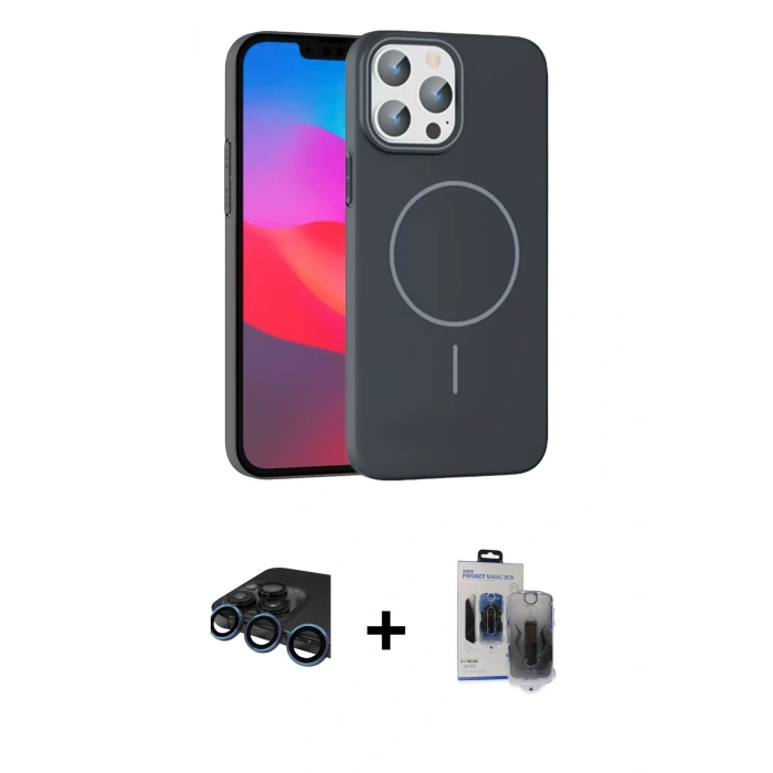 MARSİLYAN™- iPhone 15 Pro Max Kılıf Siluet Doku Özel Seri - Siyah Vanessa Magic Hayalet Cam + Lacivert Raze Metal Kamera Lens