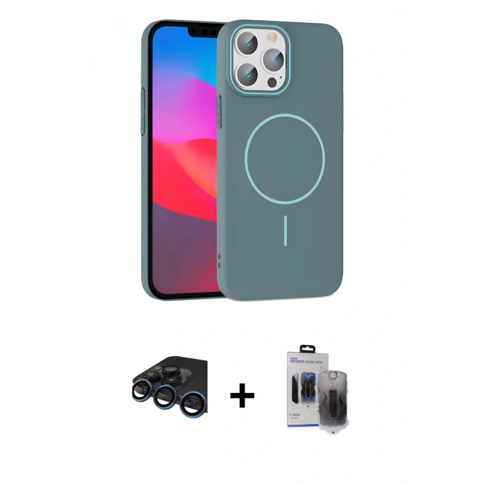 MARSİLYAN™- iPhone 15 Pro Max Kılıf Siluet Doku Özel Seri - Siyah Vanessa Magic Hayalet Cam + Lacivert Raze Metal Kamera Lens