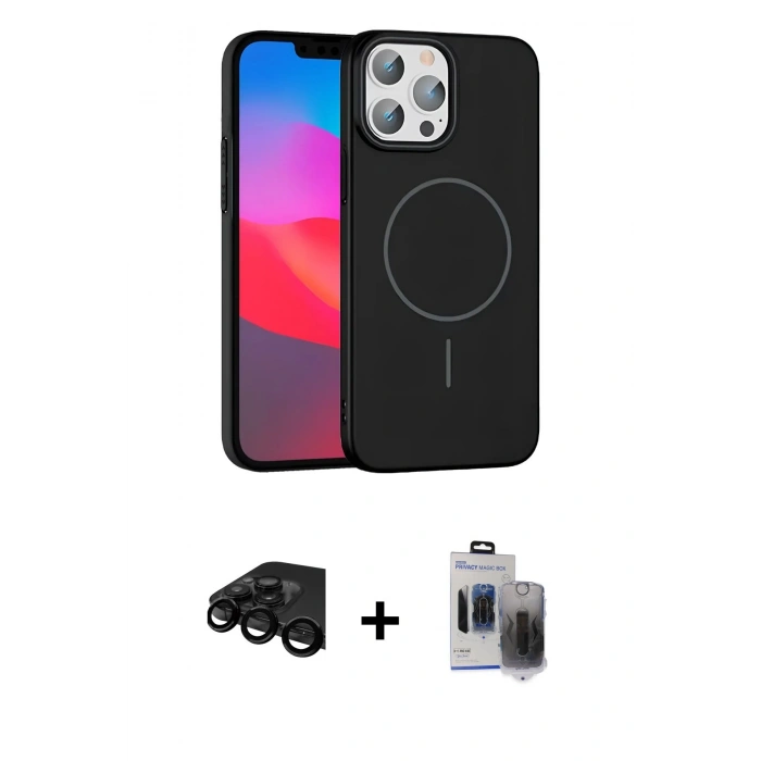 MARSİLYAN™- iPhone 15 Pro Max Kılıf Siluet Doku Özel Seri - Siyah Vanessa Magic Hayalet Cam + Raze Metal Kamera Lens - SH