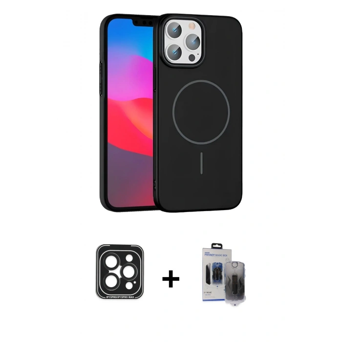 MARSİLYAN™- iPhone 15 Pro Max Kılıf Siluet Doku Özel Seri - Siyah Vanessa Magic Hayalet Cam + Siyah PVD Metal Kamera Lens