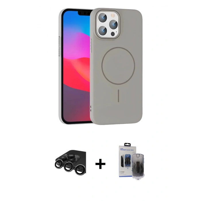 MARSİLYAN™- iPhone 15 Pro Max Kılıf Siluet Doku Özel Seri - Siyah Vanessa Magic Hayalet Cam + Titanyum Gri Raze Metal Kamera Lens