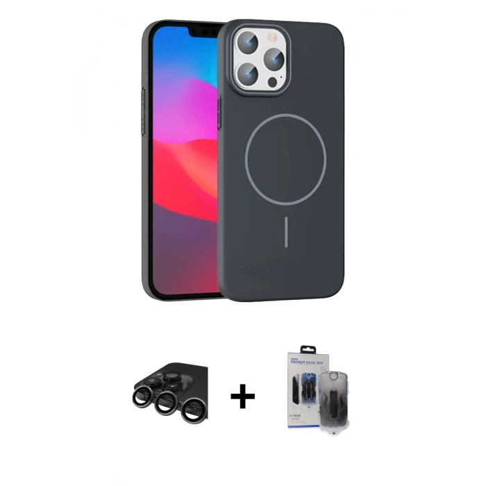 MARSİLYAN™- iPhone 15 Pro Max Kılıf Siluet Doku Özel Seri - Siyah Vanessa Magic Hayalet Cam + Titanyum Gri Raze Metal Kamera Lens