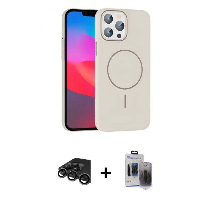 MARSİLYAN™- iPhone 15 Pro Max Kılıf Siluet Doku Özel Seri - Siyah Vanessa Magic Hayalet Cam + Titanyum Gri Raze Metal Kamera Lens