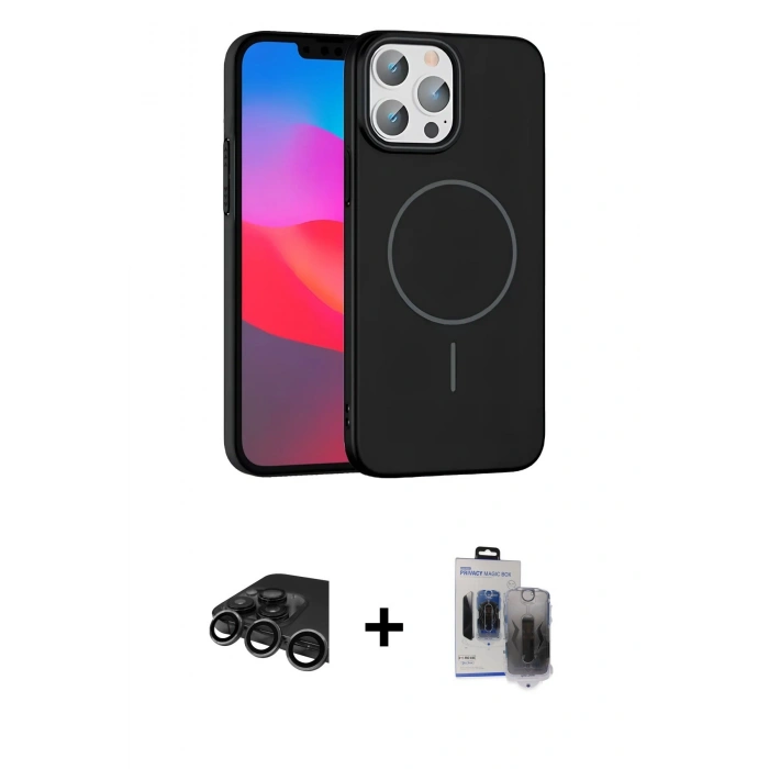 MARSİLYAN™- iPhone 15 Pro Max Kılıf Siluet Doku Özel Seri - Siyah Vanessa Magic Hayalet Cam + Titanyum Gri Raze Metal Kamera Lens