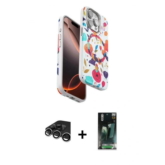 MARSİLYAN™- iPhone 15 Pro Max Kılıf Siluet Doku - Şeffaf 360 Full Body Arka Koruyucu + Raze Metal Kamera Lens - GS