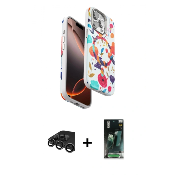 MARSİLYAN™- iPhone 15 Pro Max Kılıf Siluet Doku - Şeffaf 360 Full Body Arka Koruyucu + Raze Metal Kamera Lens - TMGI