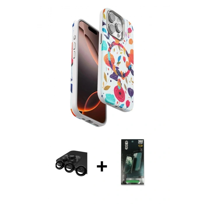 MARSİLYAN™- iPhone 15 Pro Max Kılıf Siluet Doku - Şeffaf 360 Full Body Arka Koruyucu + Raze Metal Kamera Lens - SH