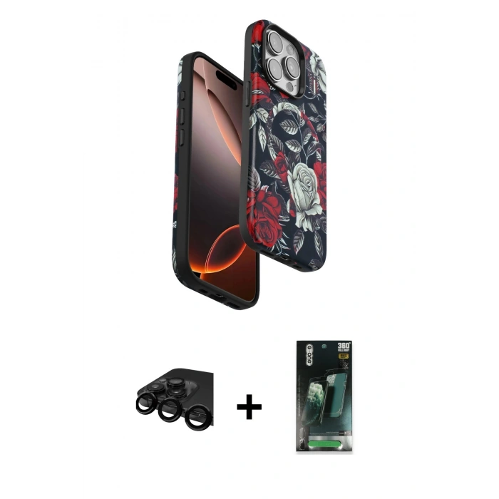 MARSİLYAN™- iPhone 15 Pro Max Kılıf Siluet Doku - Şeffaf 360 Full Body Arka Koruyucu + Raze Metal Kamera Lens - SH