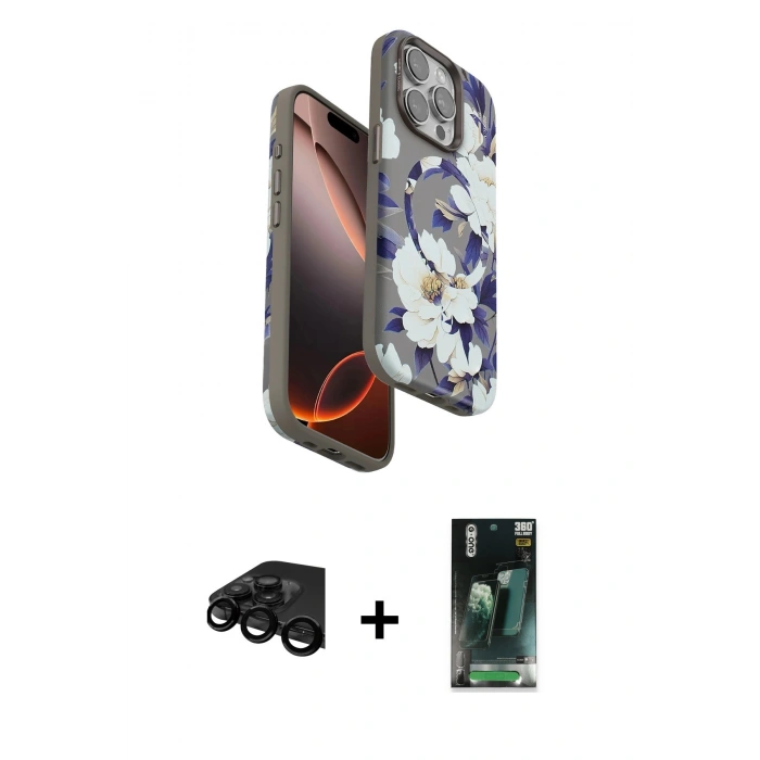 MARSİLYAN™- iPhone 15 Pro Max Kılıf Siluet Doku - Şeffaf 360 Full Body Arka Koruyucu + Raze Metal Kamera Lens - SH