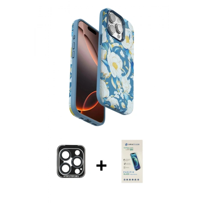 MARSİLYAN™- iPhone 15 Pro Max Kılıf Siluet Doku - Şeffaf Pasifik Cam Ekran Koruyucu + PVD Metal Kamera Lens - LT