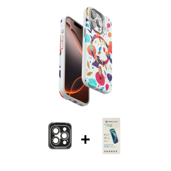 MARSİLYAN™- iPhone 15 Pro Max Kılıf Siluet Doku - Şeffaf Pasifik Cam Ekran Koruyucu + PVD Metal Kamera Lens - GI