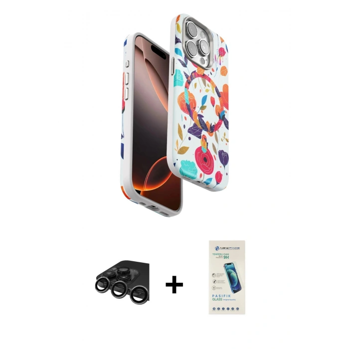 MARSİLYAN™- iPhone 15 Pro Max Kılıf Siluet Doku - Şeffaf Pasifik Cam Ekran Koruyucu + Raze Metal Kamera Lens - TMGI