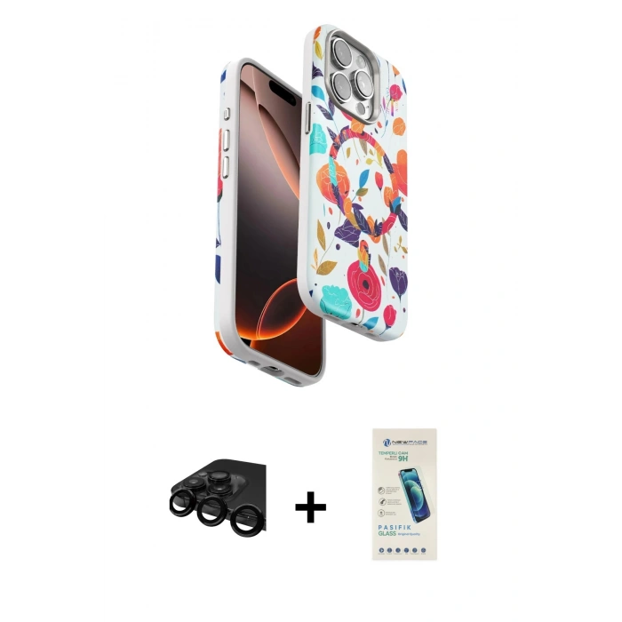 MARSİLYAN™- iPhone 15 Pro Max Kılıf Siluet Doku - Şeffaf Pasifik Cam Ekran Koruyucu + Raze Metal Kamera Lens - SH