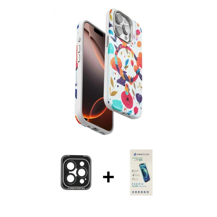 MARSİLYAN™- iPhone 15 Pro Max Kılıf Siluet Doku - Şeffaf Pasifik Cam Ekran Koruyucu + PVD Metal Kamera Lens - SH