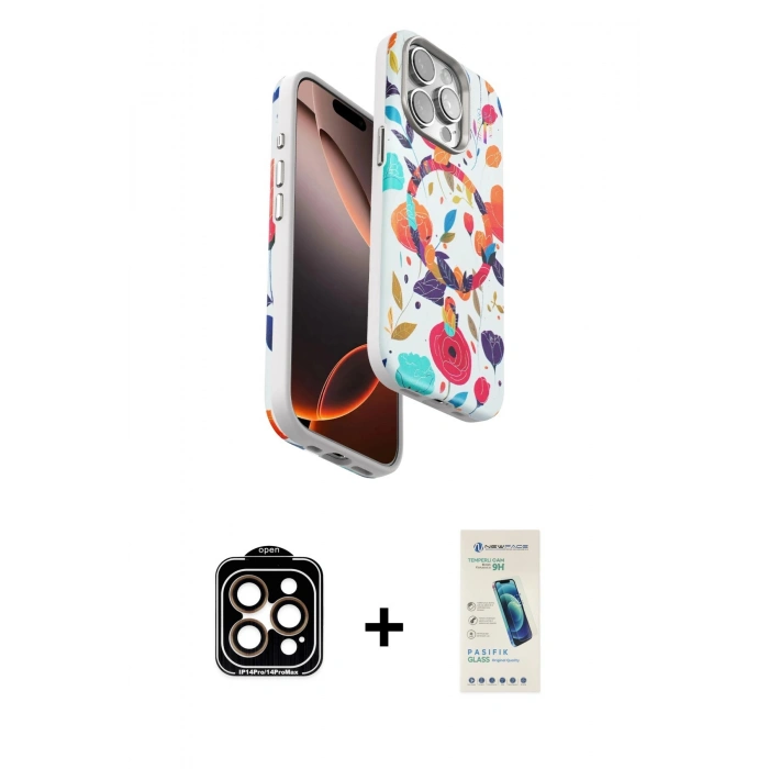MARSİLYAN™- iPhone 15 Pro Max Kılıf Siluet Doku - Şeffaf Pasifik Cam Ekran Koruyucu + PVD Metal Kamera Lens - TU