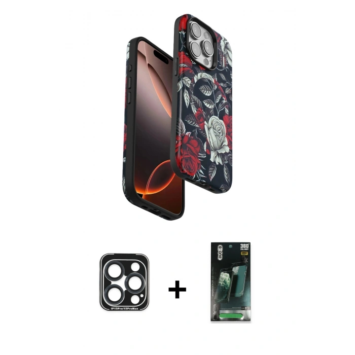 MARSİLYAN™- iPhone 15 Pro Max Kılıf Siluet Doku - Siyah 360 Mat Full Body Arka Koruyucu + Lacivert PVD Metal Kamera Lens