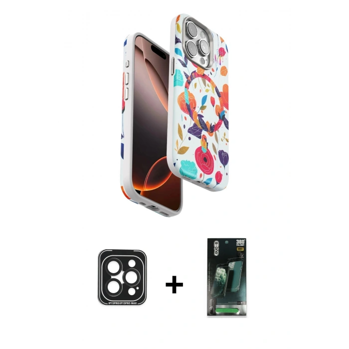 MARSİLYAN™- iPhone 15 Pro Max Kılıf Siluet Doku - Siyah 360 Mat Full Body Arka Koruyucu + PVD Metal Kamera Lens - SH
