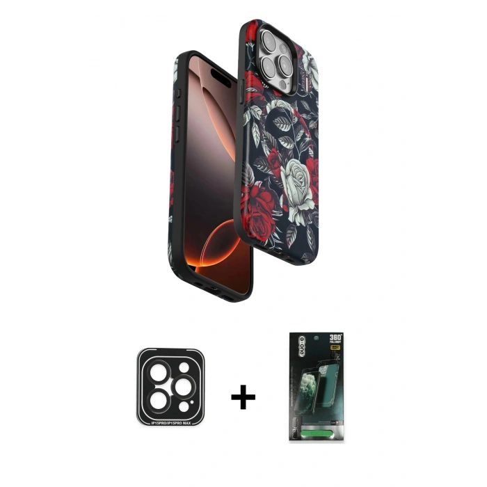 MARSİLYAN™- iPhone 15 Pro Max Kılıf Siluet Doku - Siyah 360 Mat Full Body Arka Koruyucu + PVD Metal Kamera Lens - SH