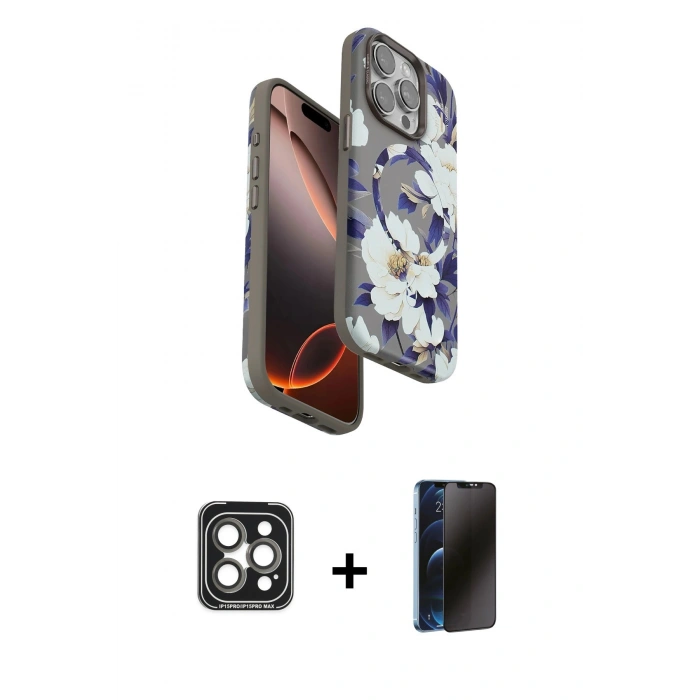 MARSİLYAN™- iPhone 15 Pro Max Kılıf Siluet Doku - Siyah 3D Antistatik Hayalet Cam Ekran Koruyucu + PVD Metal Kamera Lens - GI