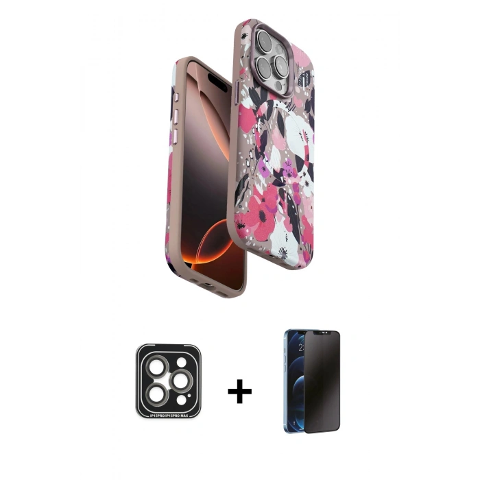 MARSİLYAN™- iPhone 15 Pro Max Kılıf Siluet Doku - Siyah 3D Antistatik Hayalet Cam Ekran Koruyucu + PVD Metal Kamera Lens - GI