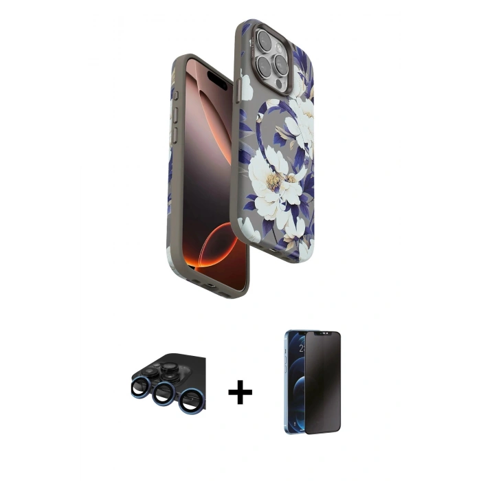 MARSİLYAN™- iPhone 15 Pro Max Kılıf Siluet Doku - Siyah 3D Antistatik Hayalet Cam Ekran Koruyucu + Lacivert Raze Metal Kamera Lens