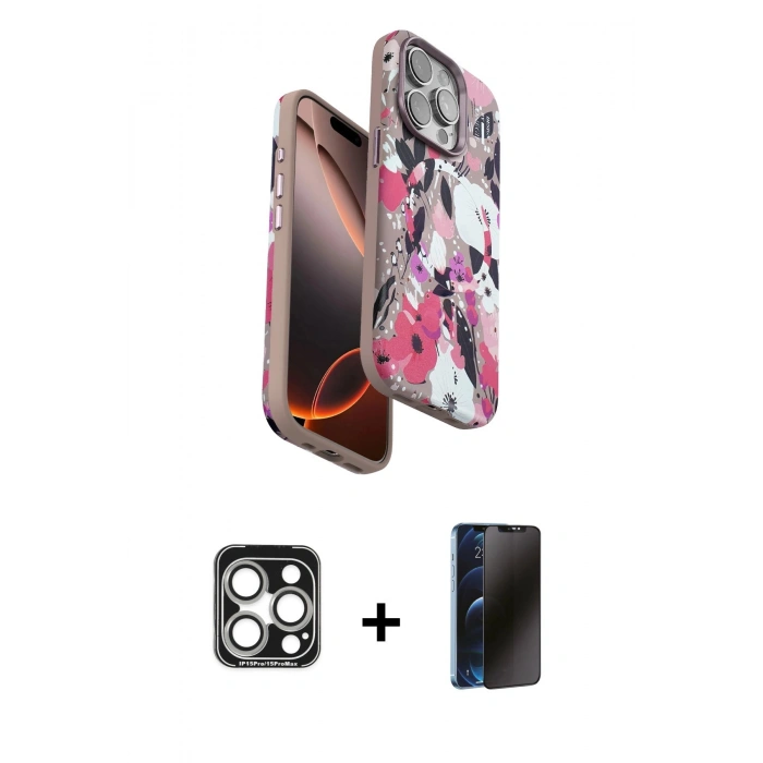 MARSİLYAN™- iPhone 15 Pro Max Kılıf Siluet Doku - Siyah 3D Antistatik Hayalet Cam Ekran Koruyucu + PVD Metal Kamera Lens - GS