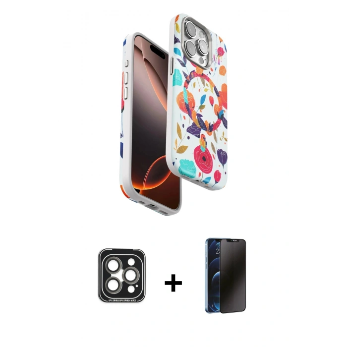 MARSİLYAN™- iPhone 15 Pro Max Kılıf Siluet Doku - Siyah 3D Antistatik Hayalet Cam Ekran Koruyucu + PVD Metal Kamera Lens - GI