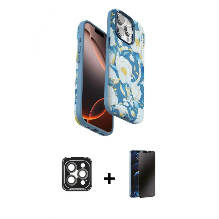 MARSİLYAN™- iPhone 15 Pro Max Kılıf Siluet Doku - Siyah 3D Antistatik Hayalet Cam Ekran Koruyucu + PVD Metal Kamera Lens - GI