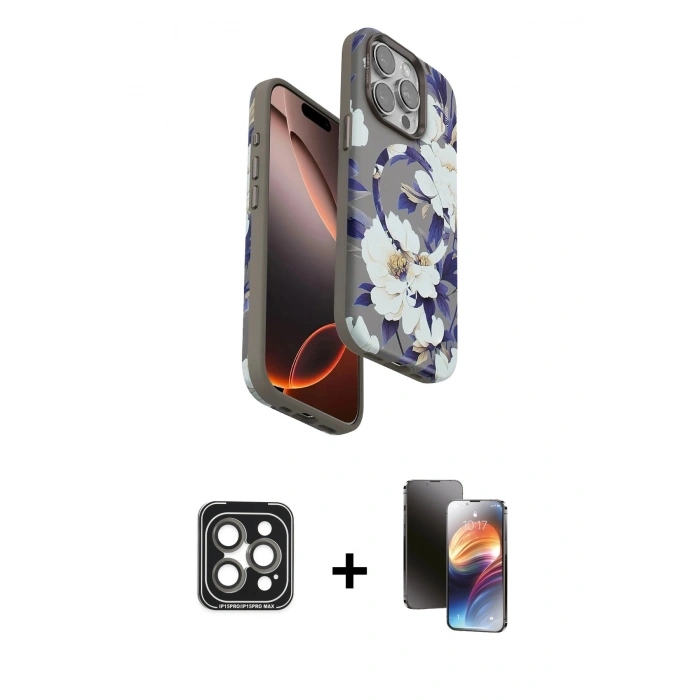 MARSİLYAN™- iPhone 15 Pro Max Kılıf Siluet Doku - Siyah 3D Antistatik Mat Seramik Nano Ekran Koruyucu + PVD Metal Kamera Lens - GI