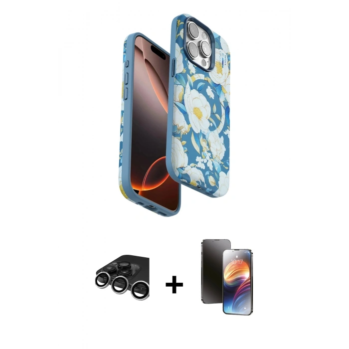 MARSİLYAN™- iPhone 15 Pro Max Kılıf Siluet Doku - Siyah 3D Antistatik Mat Seramik Nano Ekran Koruyucu + Raze Metal Kamera Lens - GS