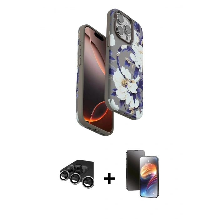 MARSİLYAN™- iPhone 15 Pro Max Kılıf Siluet Doku - Siyah 3D Antistatik Mat Seramik Nano Ekran Koruyucu + Raze Metal Kamera Lens - GS