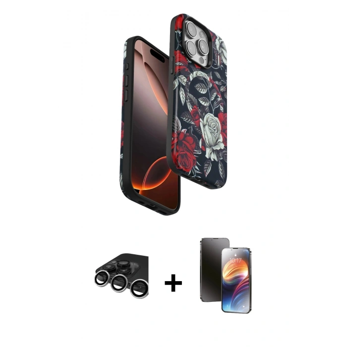 MARSİLYAN™- iPhone 15 Pro Max Kılıf Siluet Doku - Siyah 3D Antistatik Mat Seramik Nano Ekran Koruyucu + Raze Metal Kamera Lens - GS