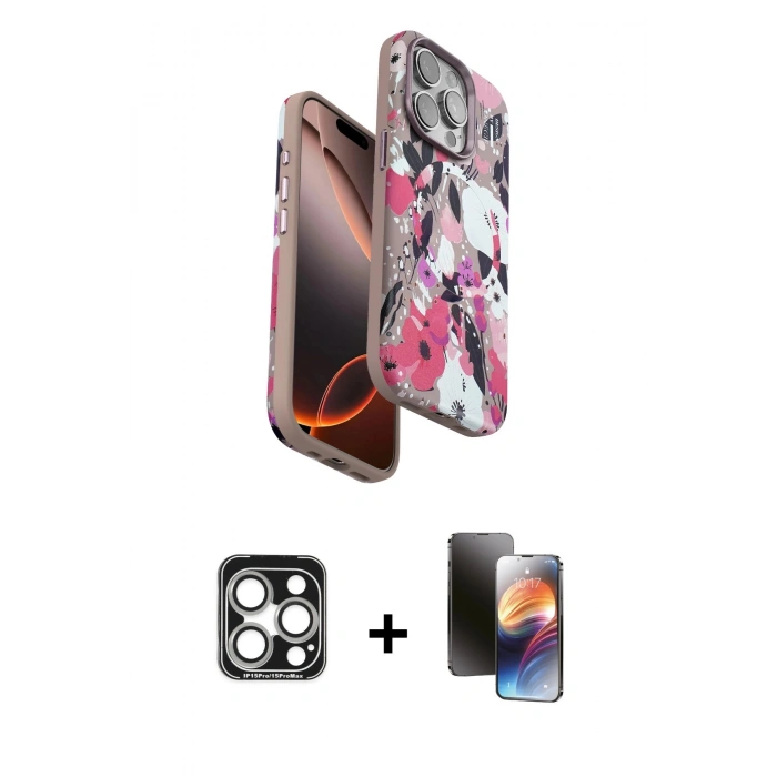 MARSİLYAN™- iPhone 15 Pro Max Kılıf Siluet Doku - Siyah 3D Antistatik Mat Seramik Nano Ekran Koruyucu + PVD Metal Kamera Lens - GS