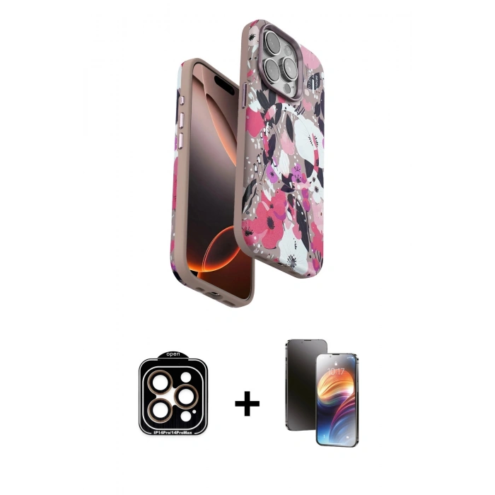 MARSİLYAN™- iPhone 15 Pro Max Kılıf Siluet Doku - Siyah 3D Antistatik Mat Seramik Nano Ekran Koruyucu + PVD Metal Kamera Lens - TU