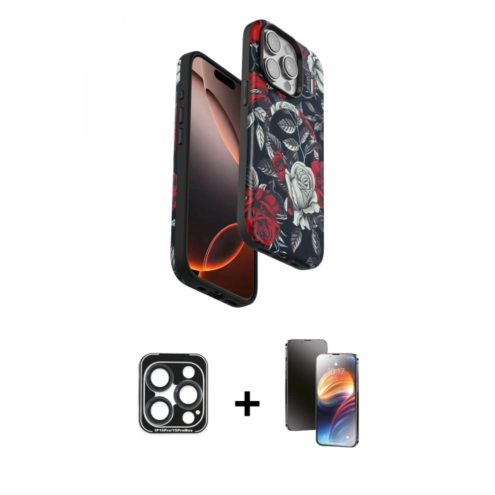 MARSİLYAN™- iPhone 15 Pro Max Kılıf Siluet Doku - Siyah 3D Antistatik Mat Seramik Nano Ekran Koruyucu + PVD Metal Kamera Lens - LT