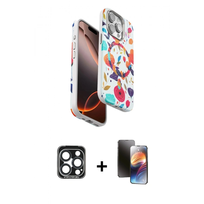 MARSİLYAN™- iPhone 15 Pro Max Kılıf Siluet Doku - Siyah 3D Antistatik Mat Seramik Nano Ekran Koruyucu + PVD Metal Kamera Lens - LT