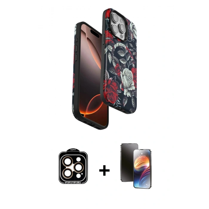 MARSİLYAN™- iPhone 15 Pro Max Kılıf Siluet Doku - Siyah 3D Antistatik Mat Seramik Nano Ekran Koruyucu + PVD Metal Kamera Lens - TU