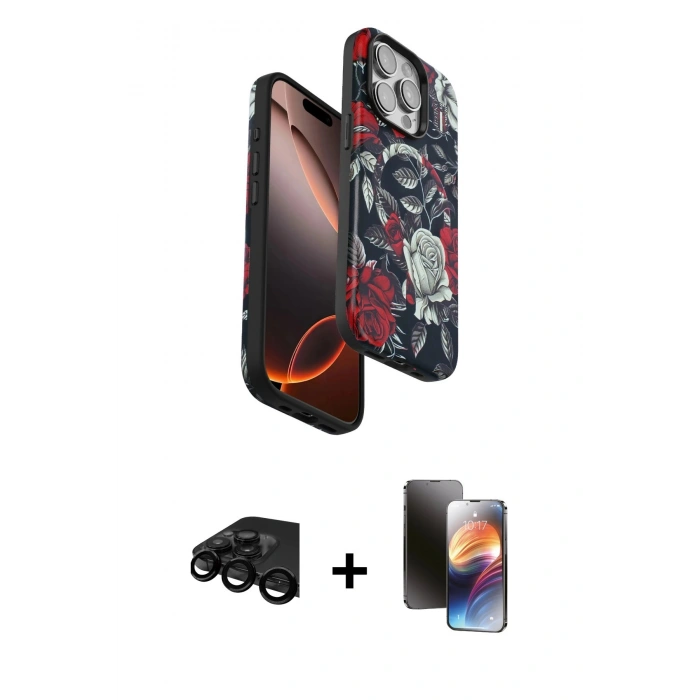 MARSİLYAN™- iPhone 15 Pro Max Kılıf Siluet Doku - Siyah 3D Antistatik Mat Seramik Nano Ekran Koruyucu + Raze Metal Kamera Lens - SH